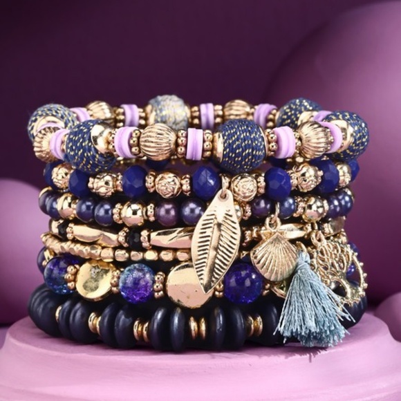 Purple 7 Layer Boho Beaded Stretch Bracelet - Picture 1 of 4